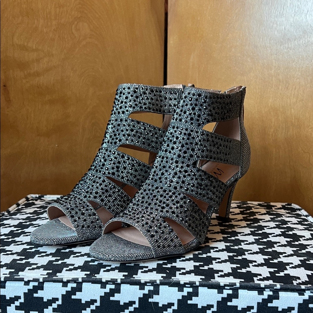 Velvet Black Rhinestone Cutout Peep-Toe Heels